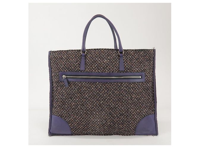 Borsa Tote e borsa a mano PRADA in pelle e lana con logo Triangle, Viola - vista 2