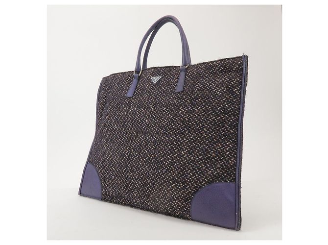 Borsa Tote e borsa a mano PRADA in pelle e lana con logo Triangle, Viola - vista 3