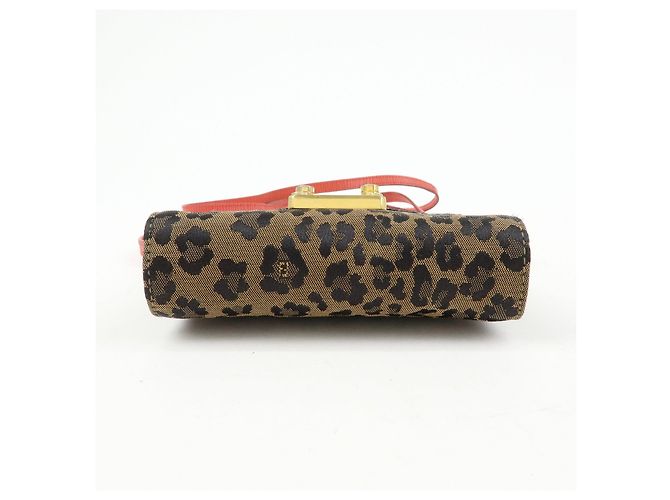 FENDI Borsa a Tracolla 2Way e Cintura in Tela Leopardata e Pelle Marrone Rosso - vista 5