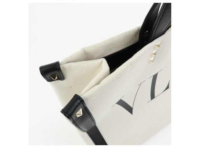 VALENTINO Rockstud Canvas Leather Tote Bag Natural Black - Ansicht 15