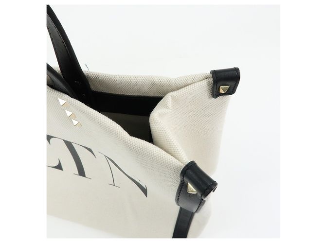 VALENTINO Rockstud Canvas Leather Tote Bag Natural Black - Ansicht 16