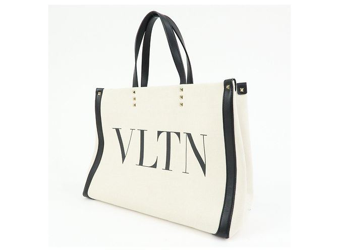VALENTINO Rockstud Canvas Leather Tote Bag Natural Black - Ansicht 3