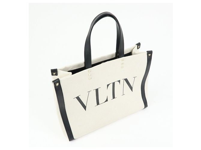VALENTINO Rockstud Canvas Leather Tote Bag Natural Black - Ansicht 4