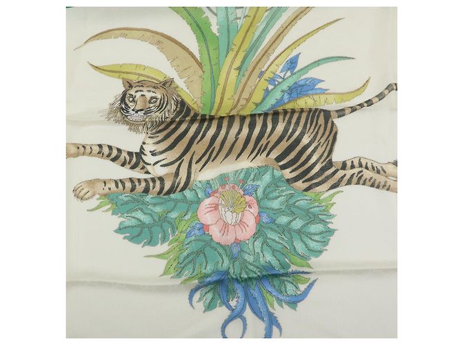Sciarpa in seta e rayon GUCCI Interlocking G Sherry GG Motivo Tigre Avorio - vista 11