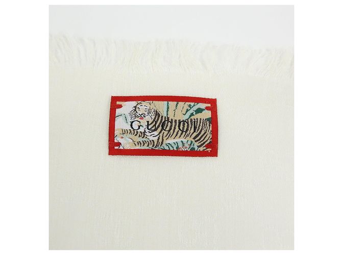 Sciarpa in seta e rayon GUCCI Interlocking G Sherry GG Motivo Tigre Avorio - vista 15