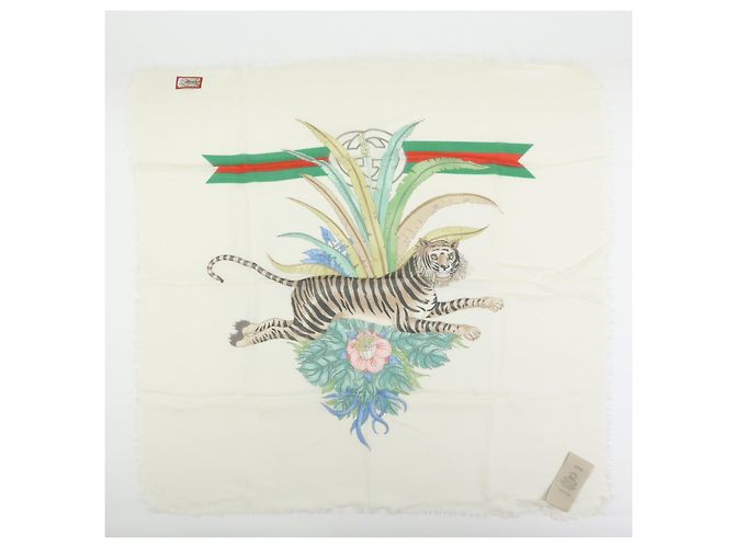 Sciarpa in seta e rayon GUCCI Interlocking G Sherry GG Motivo Tigre Avorio - vista 2