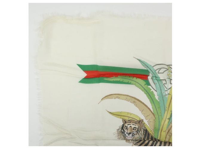 Sciarpa in seta e rayon GUCCI Interlocking G Sherry GG Motivo Tigre Avorio - vista 3