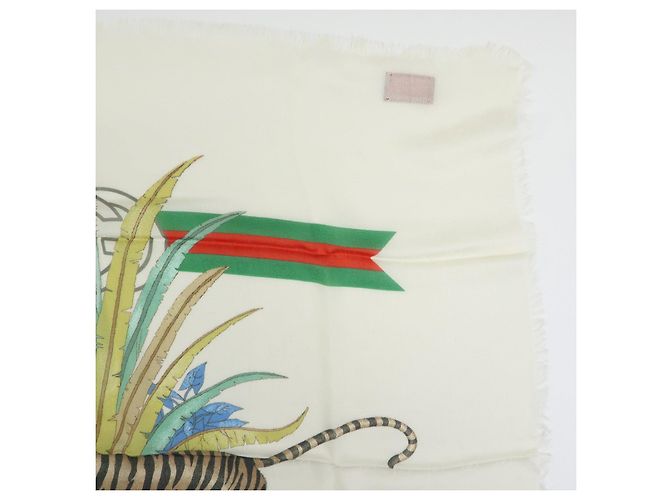 Sciarpa in seta e rayon GUCCI Interlocking G Sherry GG Motivo Tigre Avorio - vista 4