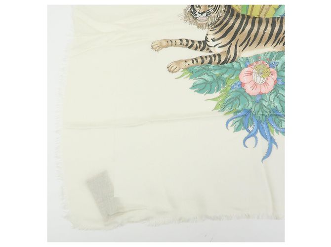 Sciarpa in seta e rayon GUCCI Interlocking G Sherry GG Motivo Tigre Avorio - vista 5