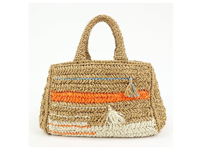 Borsa 2Way PRADA Canapa Triangle Logo Tricot Raffia Camel Orange 1BG153 - vista 2
