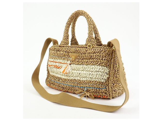 Borsa 2Way PRADA Canapa Triangle Logo Tricot Raffia Camel Orange 1BG153 - vista 3