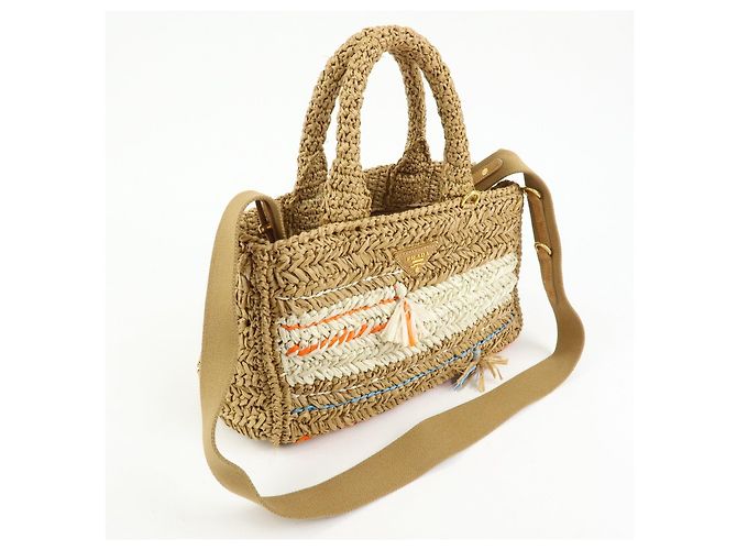 Borsa 2Way PRADA Canapa Triangle Logo Tricot Raffia Camel Orange 1BG153 - vista 4