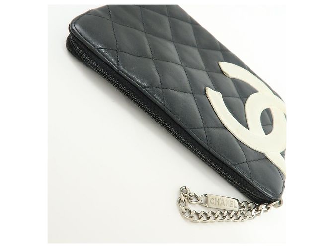 CHANEL Cambon Line COCO Mark Calf Skin Cosmetic Pouch Black White - vista 13