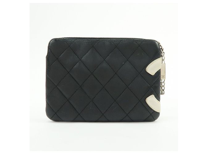 CHANEL Cambon Line COCO Mark Calf Skin Cosmetic Pouch Black White - vista 2