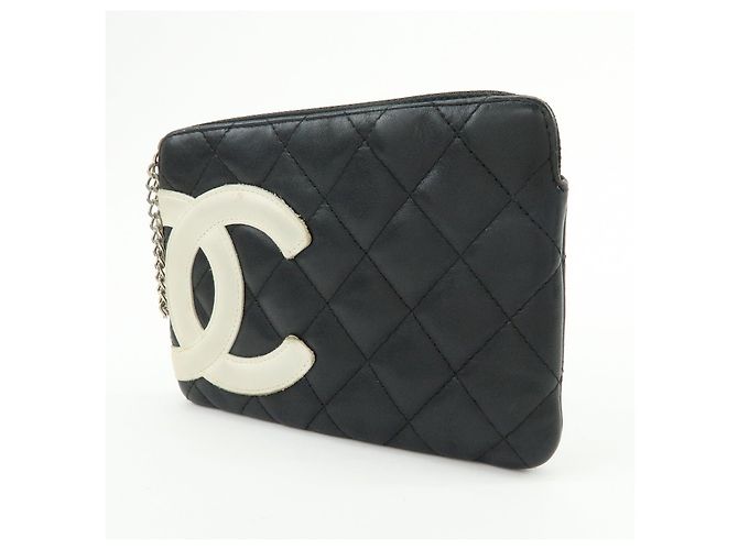 CHANEL Cambon Line COCO Mark Calf Skin Cosmetic Pouch Black White - vista 3