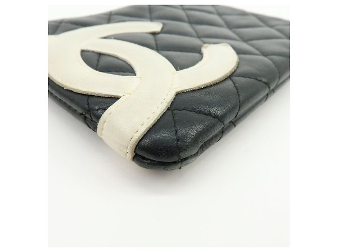 CHANEL Cambon Line COCO Mark Calf Skin Cosmetic Pouch Black White - vista 5