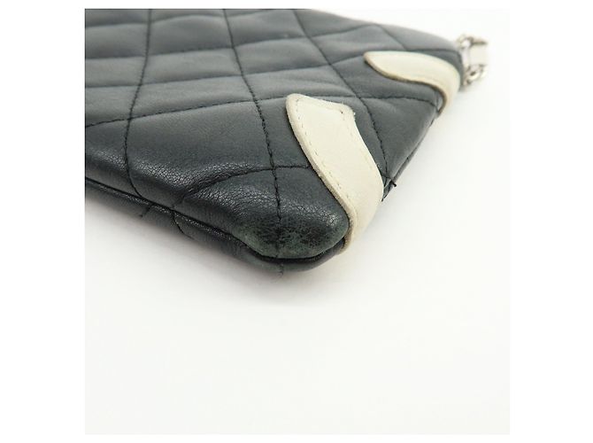 CHANEL Cambon Line COCO Mark Calf Skin Cosmetic Pouch Black White - vista 8