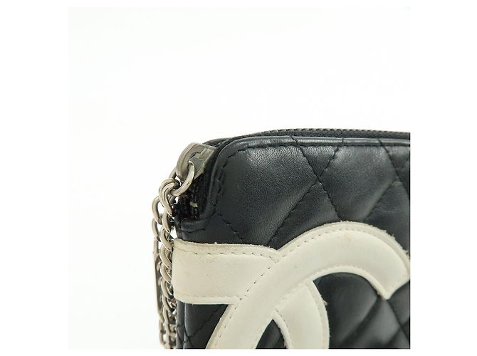 CHANEL Cambon Line COCO Mark Calf Skin Cosmetic Pouch Black White - vista 9