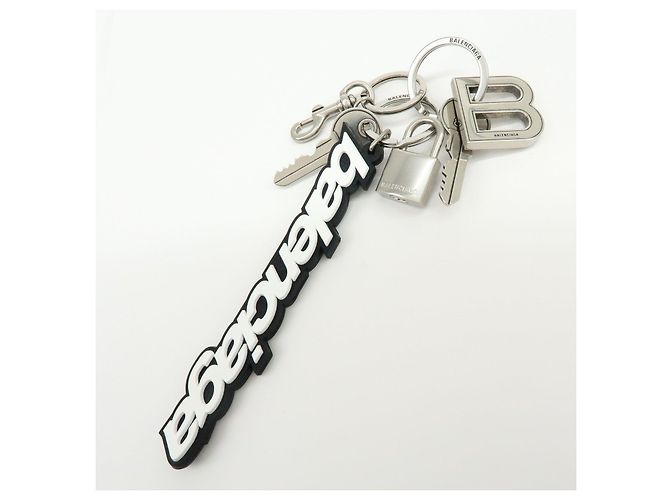 BALENCIAGA Kit Rubber Brass Bag Charm Key Chain Black White - vista 3