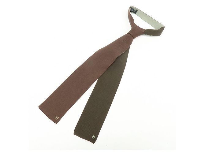 Hermès Cravatta HERMES in maglia 100% seta Marrone Beige Verde - vista 11