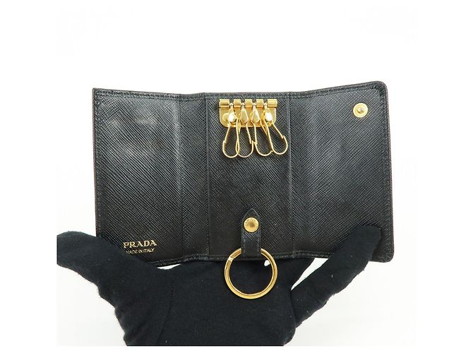 PRADA Logo Saffiano Leather 4 Ring Key Case Key Holder Black - view 17