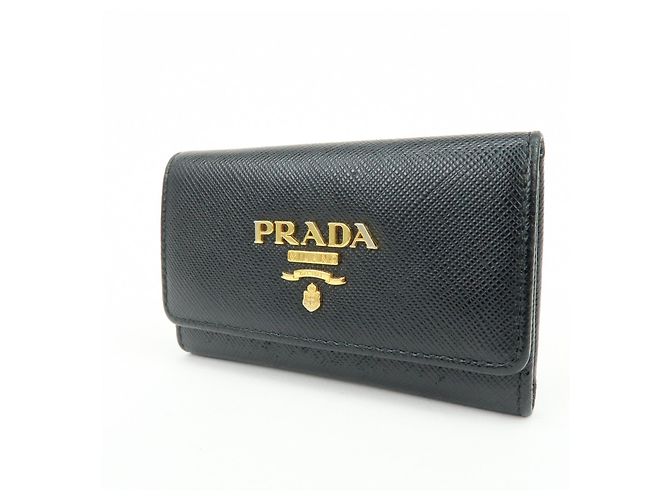 PRADA Logo Saffiano Leather 4 Ring Key Case Key Holder Black - view 3