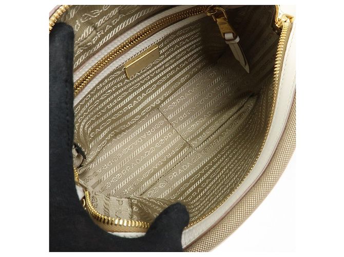 Borsa a tracolla in pelle jacquard logo PRADA Beige White 1BH089 - vista 20