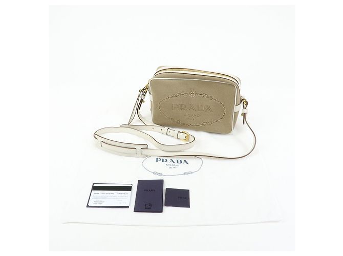 Borsa a tracolla in pelle jacquard logo PRADA Beige White 1BH089 - vista 23
