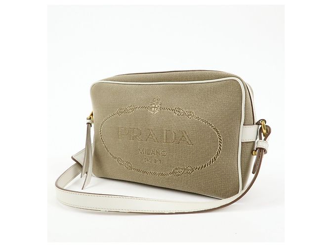 Borsa a tracolla in pelle jacquard logo PRADA Beige White 1BH089 - vista 3