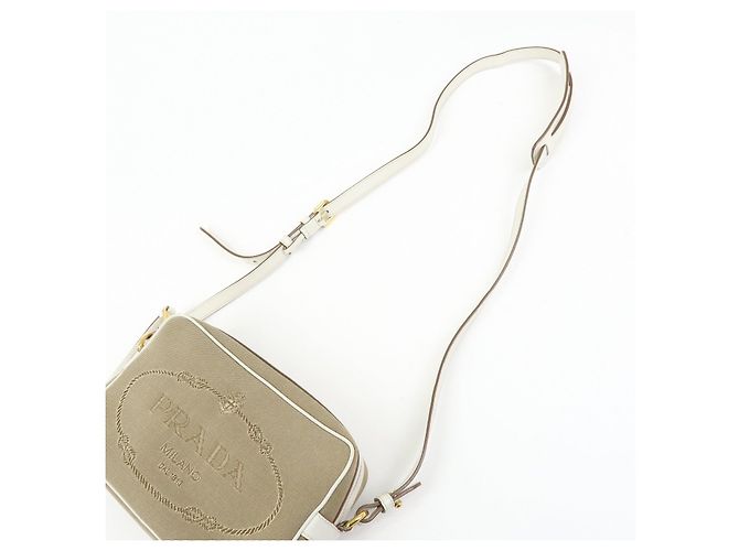 Borsa a tracolla in pelle jacquard logo PRADA Beige White 1BH089 - vista 5