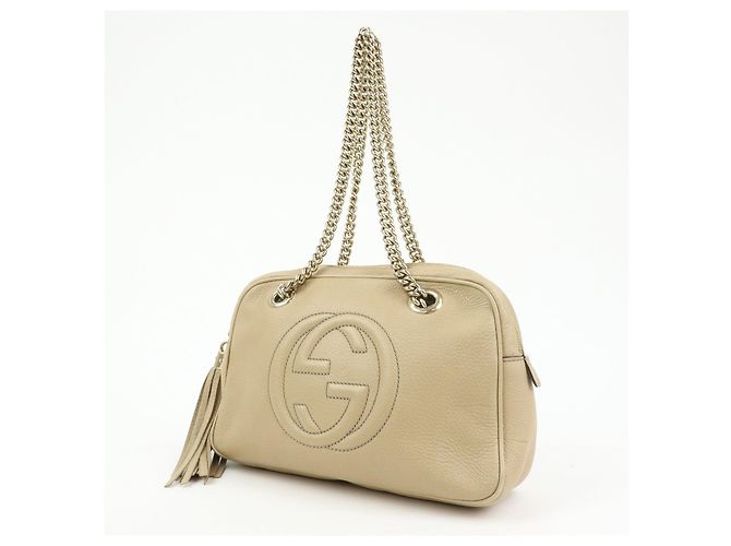 Borsa a tracolla in pelle GUCCI SOHO Interlocking G Beige 308983 - vista 3