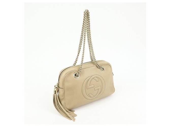 Borsa a tracolla in pelle GUCCI SOHO Interlocking G Beige 308983 - vista 4
