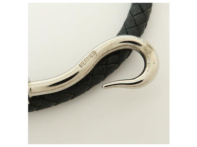 Hermès HERMES Jumbo Choker Double Tour Bracciale in Pelle e Metallo Nero Argento - vista 11