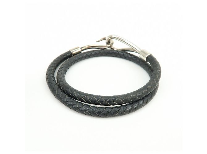 Hermès HERMES Jumbo Choker Double Tour Bracciale in Pelle e Metallo Nero Argento - vista 2