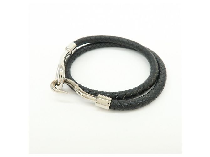 Hermès HERMES Jumbo Choker Double Tour Bracciale in Pelle e Metallo Nero Argento - vista 3