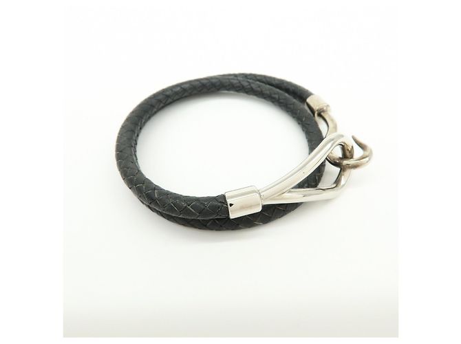 Hermès HERMES Jumbo Choker Double Tour Bracciale in Pelle e Metallo Nero Argento - vista 4