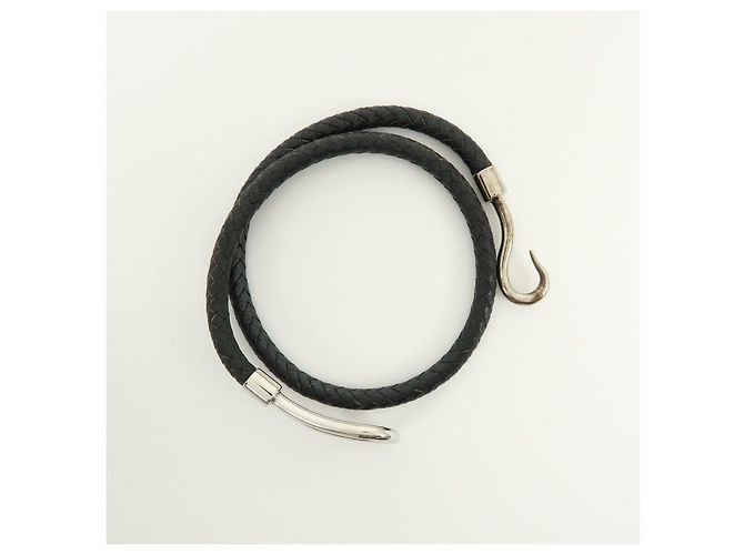 Hermès HERMES Jumbo Choker Double Tour Bracciale in Pelle e Metallo Nero Argento - vista 5