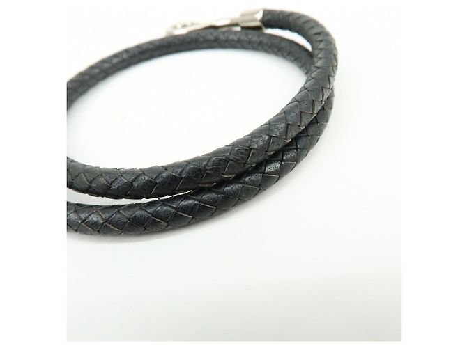 Hermès HERMES Jumbo Choker Double Tour Bracciale in Pelle e Metallo Nero Argento - vista 6