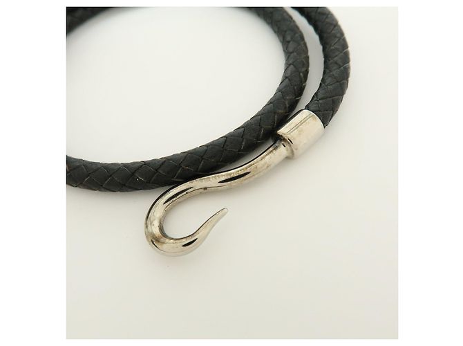 Hermès HERMES Jumbo Choker Double Tour Bracciale in Pelle e Metallo Nero Argento - vista 7