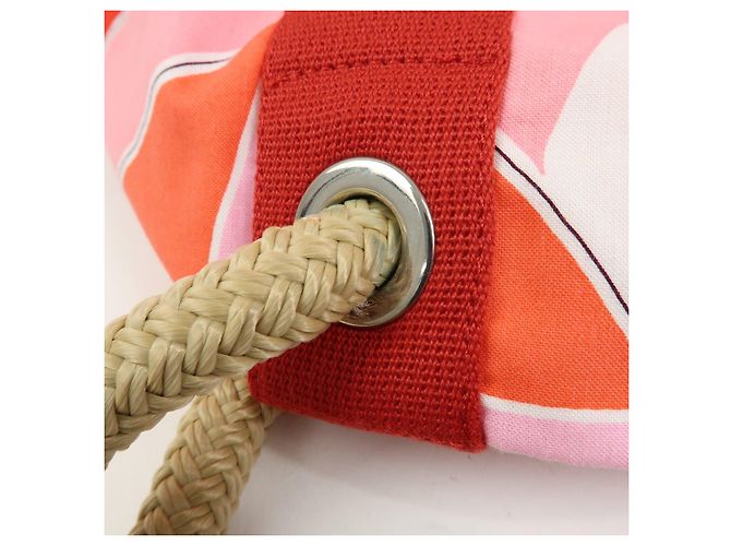 Hermès HERMES Cabas Drapeaux Au Vent Bolso de Playa de Algodón Tote Bag Rosa Rojo Blanco - vista 10