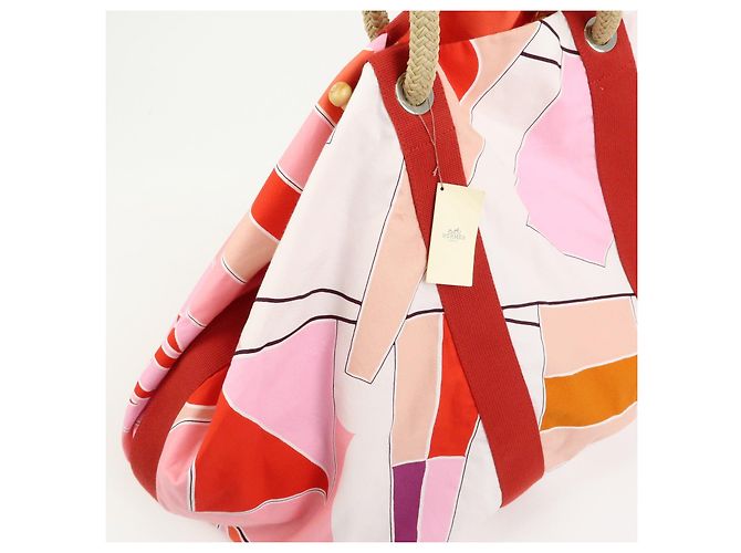 Hermès HERMES Cabas Drapeaux Au Vent Bolso de Playa de Algodón Tote Bag Rosa Rojo Blanco - vista 18