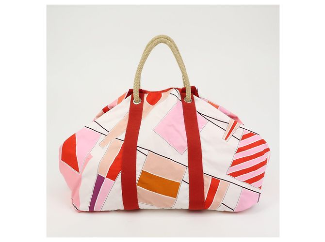 Hermès HERMES Cabas Drapeaux Au Vent Bolso de Playa de Algodón Tote Bag Rosa Rojo Blanco - vista 2