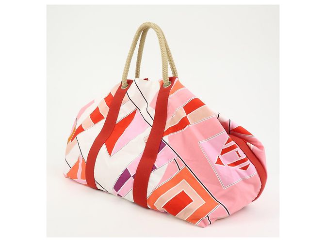 Hermès HERMES Cabas Drapeaux Au Vent Bolso de Playa de Algodón Tote Bag Rosa Rojo Blanco - vista 3