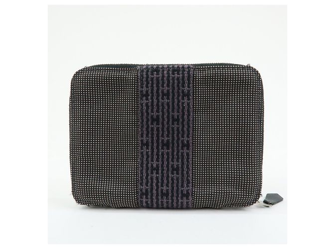 Hermès HERMES Portafoglio Herline PM Nylon Canvas Pelle Cerniera Grigio Nero - vista 2