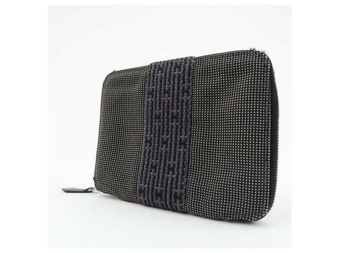 Hermès HERMES Portafoglio Herline PM Nylon Canvas Pelle Cerniera Grigio Nero - vista 3