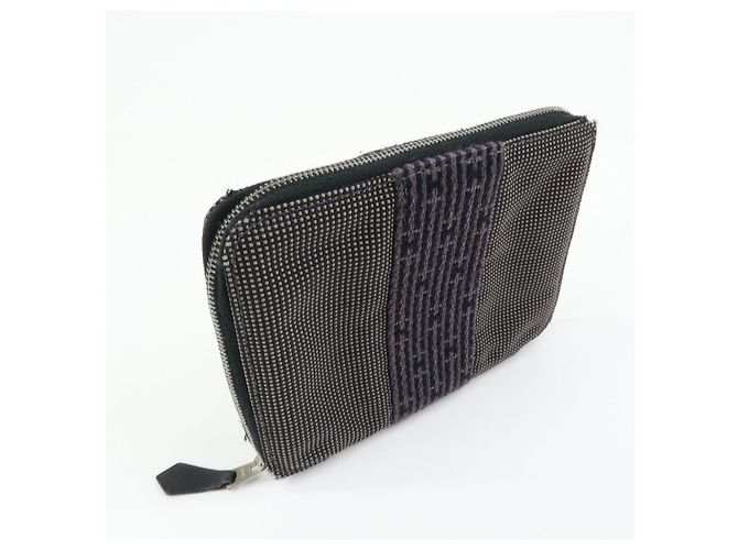 Hermès HERMES Portafoglio Herline PM Nylon Canvas Pelle Cerniera Grigio Nero - vista 4