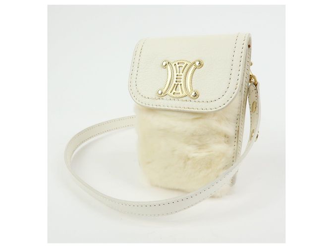 Céline Borsa a spalla e crossbody CELINE Triomphe in pelle e pelliccia di coniglio, Ivory - vista 3