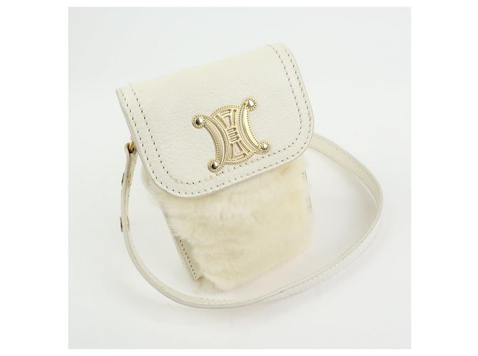 Céline Borsa a spalla e crossbody CELINE Triomphe in pelle e pelliccia di coniglio, Ivory - vista 4