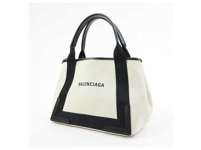 BALENCIAGA Borsa Cabas Small in tela e pelle Navy Ivory 339933 - vista 3
