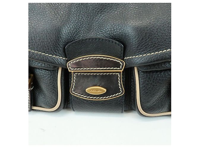 Borsa a spalla e borsa a mano in pelle con logo e cuciture PRADA Nero - vista 16